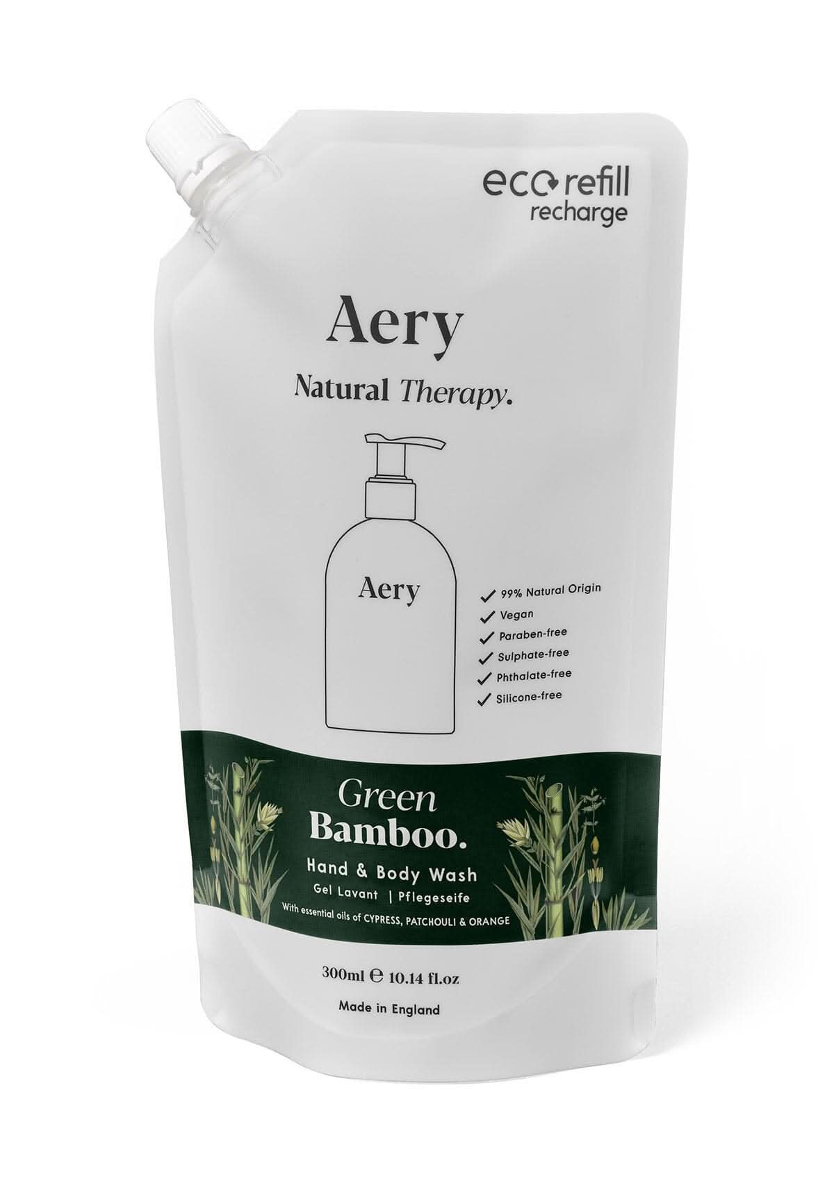 Green Bamboo hand and body wash refill pouch by Aery displayed on white background