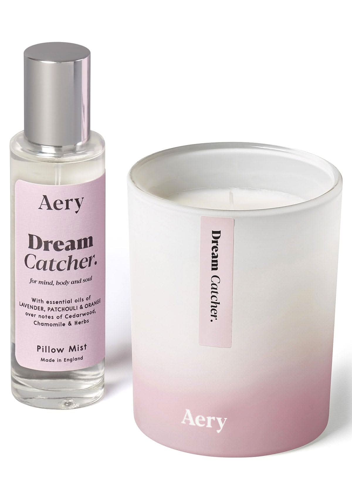 Lilac Dream Catcher candle and pillow mist by Aery displayed on white bacground
