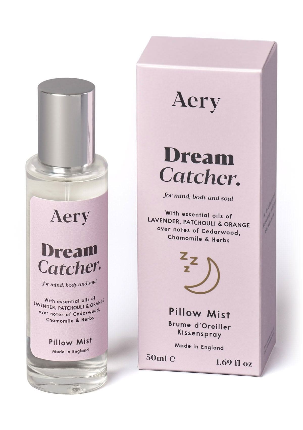 Lilac Dream Catcher pillow mist by Aery displayed next to product packaging on white background