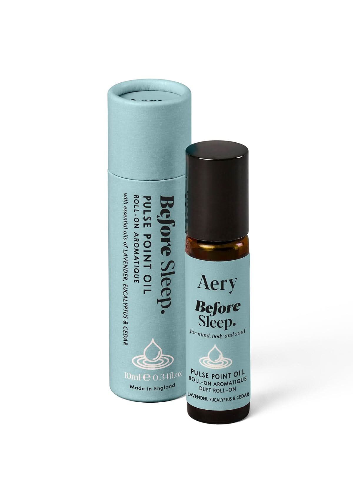 Blue Before Sleep Pulse Point oil displayed next to product packaging by Aery on white background
