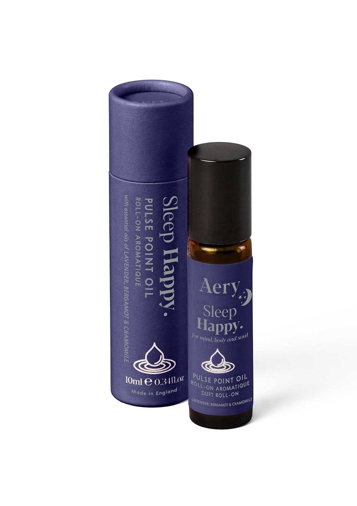 Blue Sleep Happy Pulse Point Oil displayed next to product packaging by Aery on white background