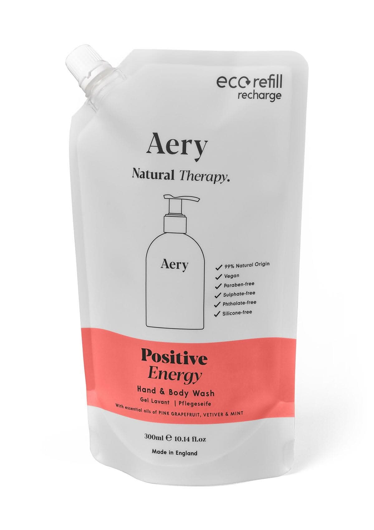 Red Positive Energy hand and body wash refill pouch on white background