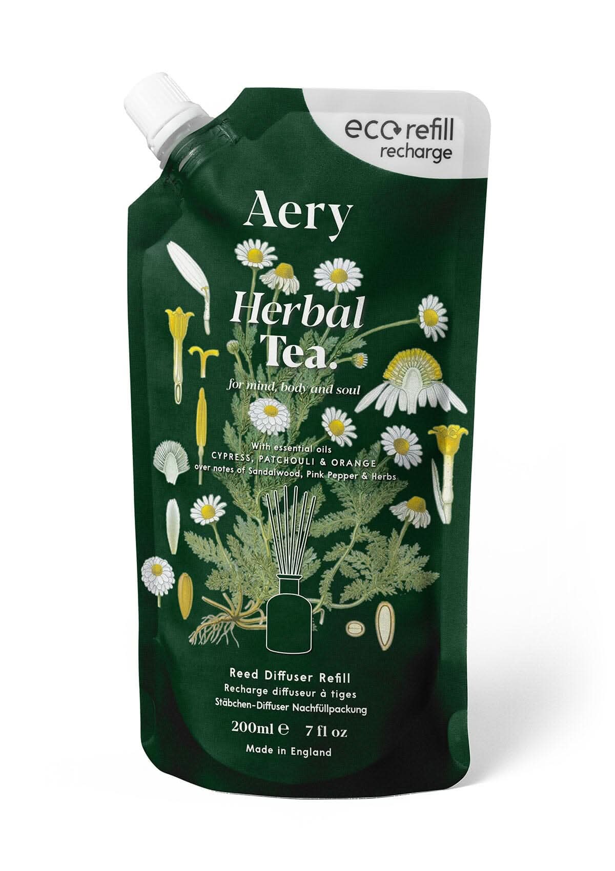 Green Herbal Tea reed diffuser refill pouch by aery displayed on white background