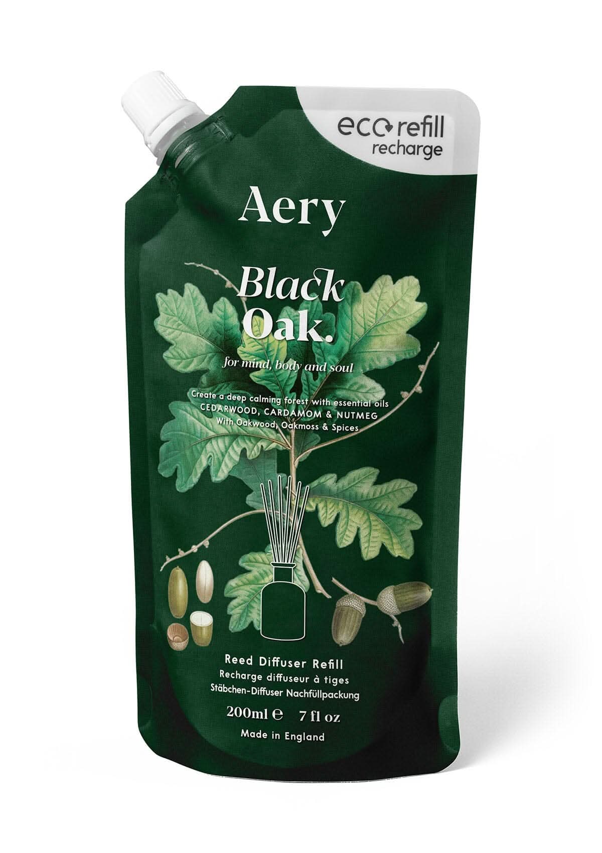 Black Oak reed diffuser refill pouch by aery displayed on white background