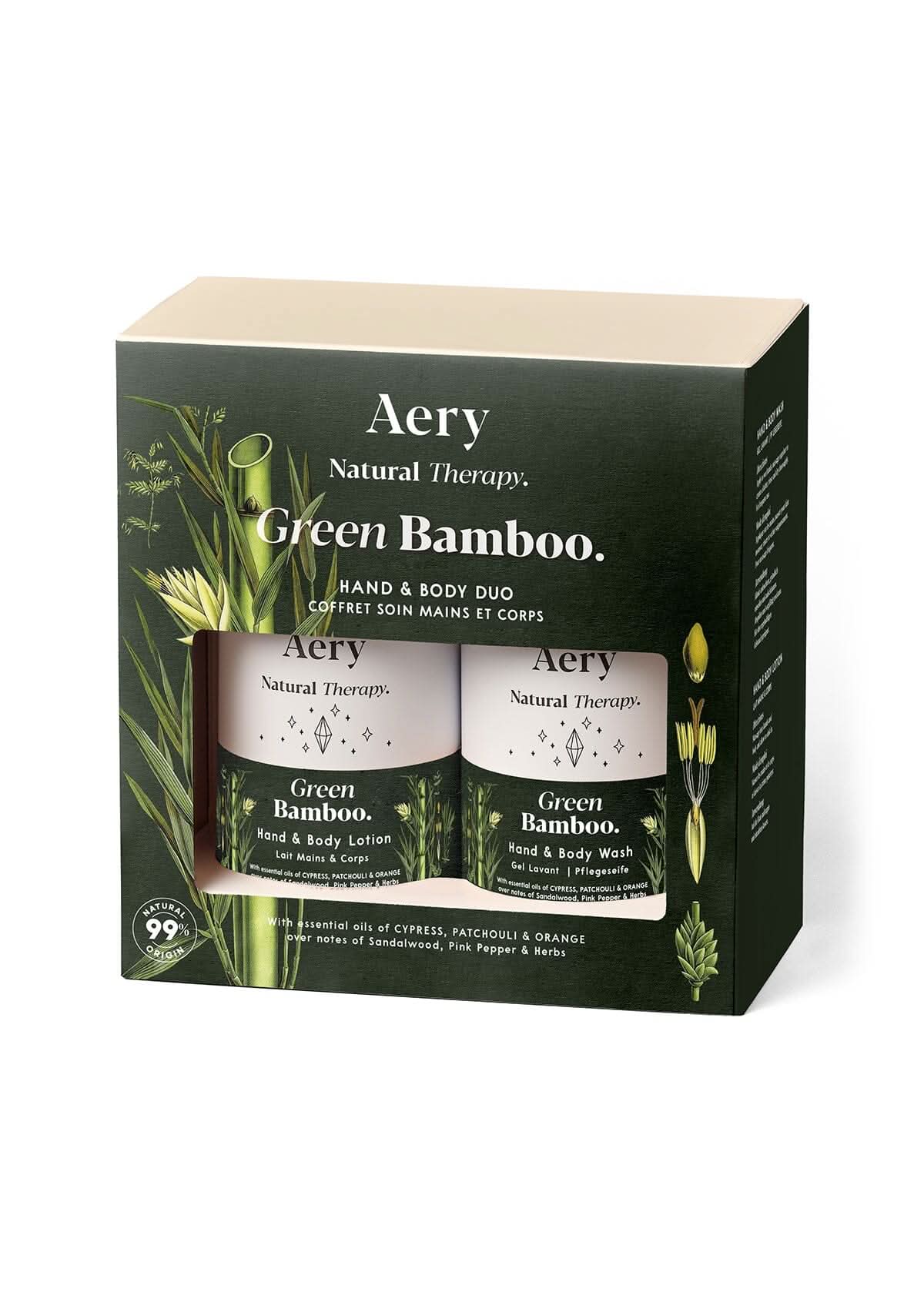 Green Bamboo  Hand and body duo displayed in product packaging by Aery on white background